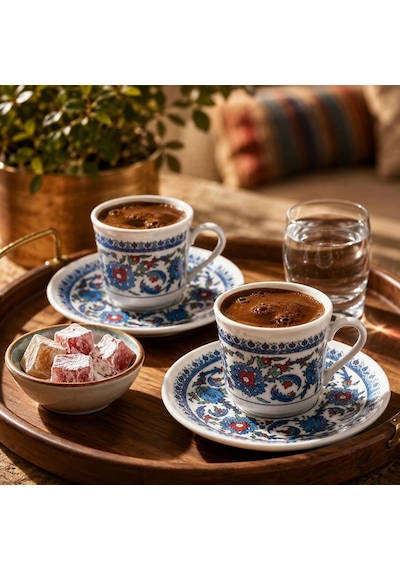 Porselen Türk Kahvesi Fincan Takımı, Geleneksel Çini Desenli El Boyaması Kahve Fincanı Seti, Tabaklı Fincan Takı Diğer