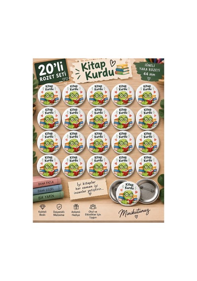 Minikutunuz 20 Li Kitap Kurdu Rozet Seti 44 Mm İğneli Yaka Rozeti Öğrenci Motivasyon Ve Okul Etkinlik Rozeti Diğer