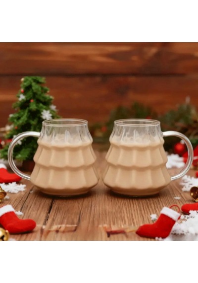 Çam Ağacı Model Borosilikat Cam Bardak, 400 Ml Kulplu Cam Kupa, Pipet Hediyeli Şeffaf