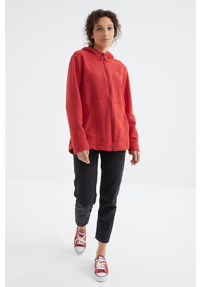 Tommy Life Fiesta Kapüşonlu Fermuarlı Rahat Form Kadın Polar Sweatshirt - 97233 Kırmızı