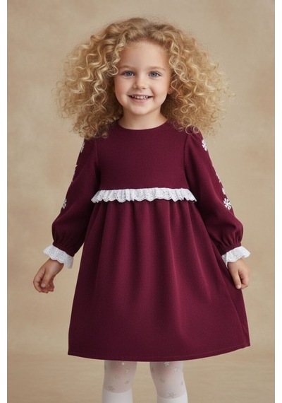 Mnk Baby & Kids Fisto Detaylı Kollar Nakışlı Otantik Kız Çocuk Elbise M00795 Bordo