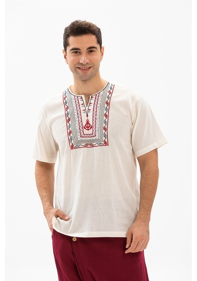 Kısa Kol Şile Bezi Bisiklet Yaka Bahriyeli Erkek T-Shirt Krem Krm