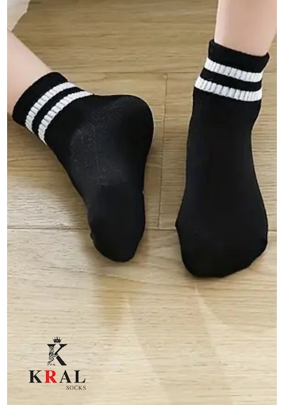 Kral Socks Erkek Kadın 12 Çift Çizgili Kolej Tenis Çorabı Pamuklu Terletmez Çorap Siyah