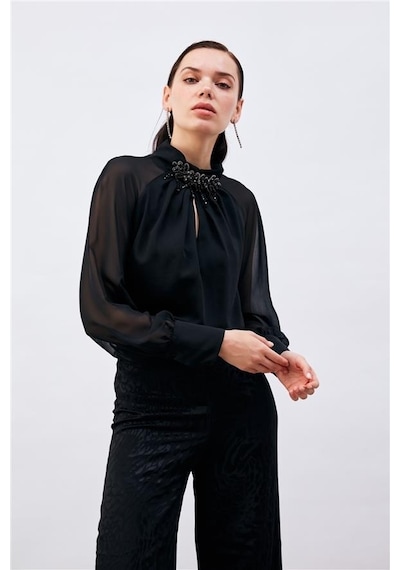 Sateen Aksesuar Detaylı Şifon Kollu Bluz 1116-1051 001