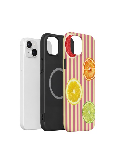 Apple iPhone Uyumlu 15 Plus Vorian Çift Katmanlı Magsafe Kılıf Citrus Fiesta Stripe
