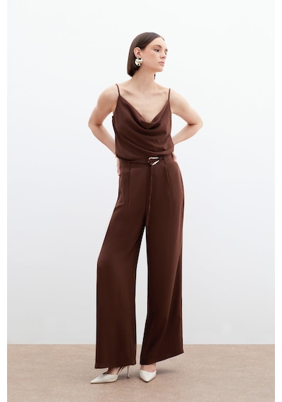 Sateen Kemerli Salaş Pantolon - Kahve-136063 Kahve