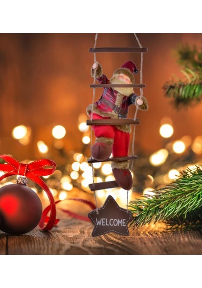 Yılbaşı Süsü Ahşap Merdivenli Noel Baba Figür Büyük Boy 40 Cm - Merdiven İle 78 Cm