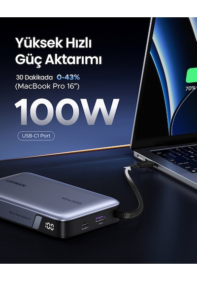 Ugreen Nexode 20.000 Mah 145 W Dahili Usb-c Kablolu Hızlı Şarj Powerbank, 55992b Gri