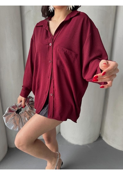 Paw Garage Kadın Flory Ayrobin Oversize Tek Cep Gömlek Bordo