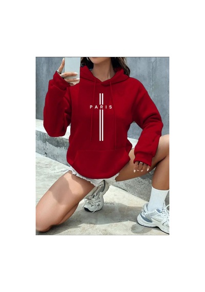 Medinenur Paris Dikey Kapüşonlu Cepli Sweatshirt Kırmızı