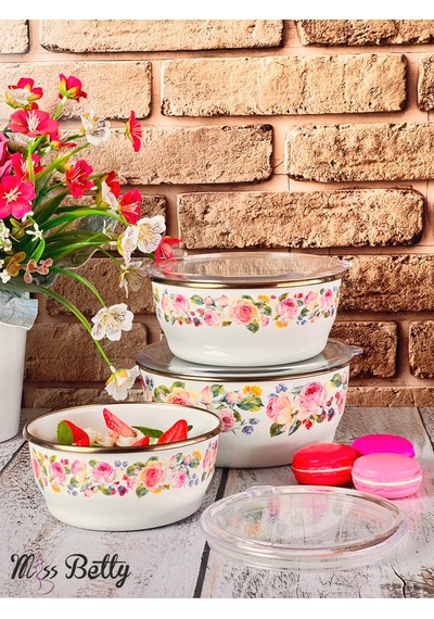 Miss Betty Rose Deluxe 3'lü Emaye Saklama Kabı 14-16-18 CM Renkli