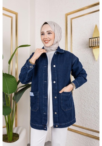 Harman Butik Kadın Cepli Düğmeli Kot Ceket Lacivert Lacivert