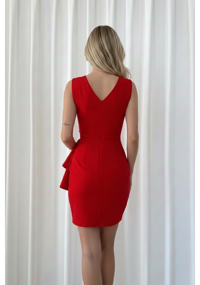 Defymoda Kadın Volanlı Mini Modern Tasarım Elbise Kırmızı