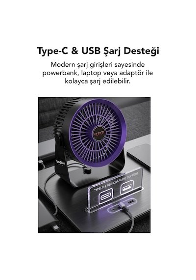 Vantilatör Masaüstü & Duvar Tipi 3 Kademe Işıklı Portatif Fan Şarjlı Type-c Sessiz Çalışma Ev&ofis