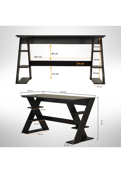 Pasific Home Lungo Raflı Çalışma Masası, Ofis Masası, 60X140 Cm, Siyah