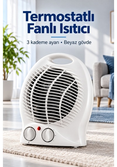 Termostat Ve Kademe Ayarlı Beyaz Fanlı Isıtıcı Devrilme Emniyetli