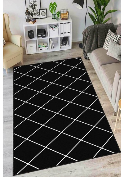 Siyah Kaymaz Tabanlı Modern Mutfak Halısı Ar1474n11