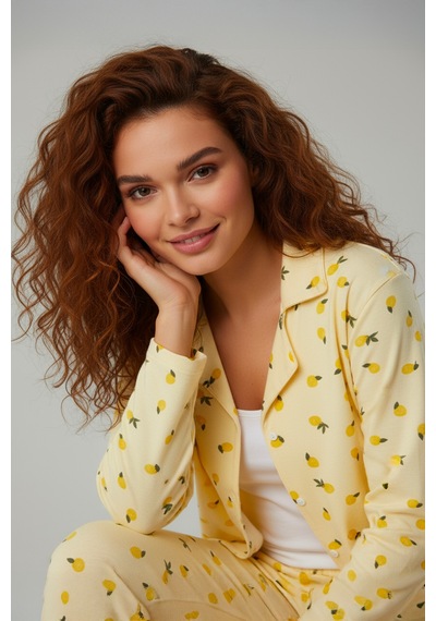 Süet Gömlek Pijama Takımı 7006 Limon Sarı