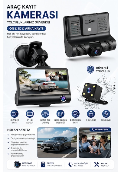 1080p Full Hd Araç Içi Kamera Ön Arka Ve Iç Kayıt 3 Kamera Gece Görüşlü G Sensör Geniş Açı