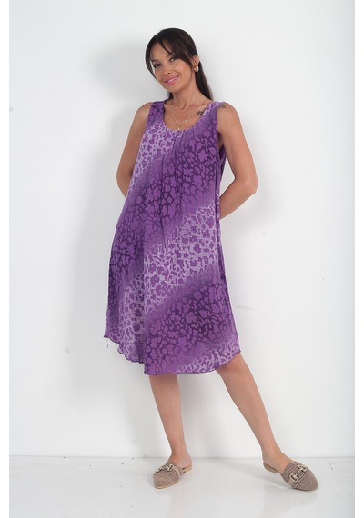 By Saygı Kadın İtalyan Cotton Yaka Lastikli Astarlı Leopar Sıfır Kol Midi Elbise Mor