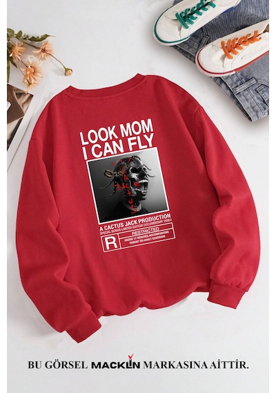Macklin Unisex Kadın Erkek Travis Scott Cactus Jack Özel Tasarım Baskılı Bisiklet Yaka Sweatshirt Kırmızı3 Mck1295 Kırmızı