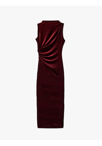 Koton Dik Yaka Slim Fit Kolsuz Drapeli Yırtmaç Detaylı Uzun Bodycon Kadife Elbise Bordo 6wak80091uk