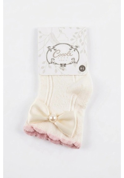 Cocole Socks Kız Çocuk Aksesuarlı Soket Çorabı Tekli Pamuklu Fiyonklu Ekru Desenli