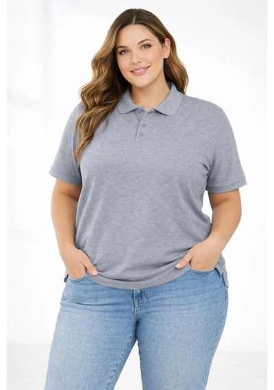 Novalisse Kadın Battal Beden Tişört Polo Yaka Pike Kumaş Kısa Kol T-shirt - Gri Çoklu Renk