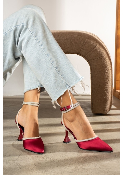 Duxal Shoes Bordo Saten Bilekten Bağlamalı Topuklu Kadın Ayakkabı Bordo