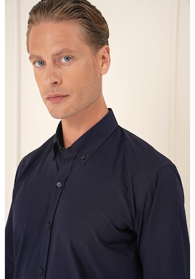 Efor Slim Fit Düğmeli Yaka Dokulu %100 Pamuk Klasik Lacivert Gömlek Gk 726 Lacivert