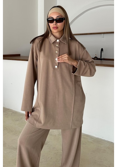 Olcay Gömlek Yaka Premium Örme Kumaş Tunik Pantolon Takım Kamel 9374-tk