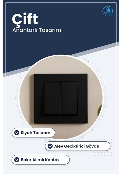 Lamba Anahtarı Komitatörlü Siyah Çift Anahtarlı Duvar Priz Alev G