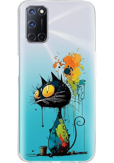 Oppo A72 İle Uyumlu Splash Kedi Tasarımlı Şeffaf Silikon Kılıf Şeffaf