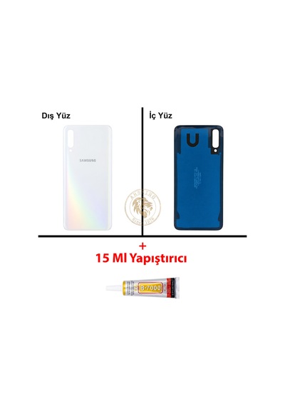 Samsung Galaxy A50 Beyaz Renk Arka Kapak + B7000 Yapıştırıcı Arka Cam Batarya Kapağı Pil Kapağı Lazer Kesim Back Cover Galaxy A50 Uyumlu