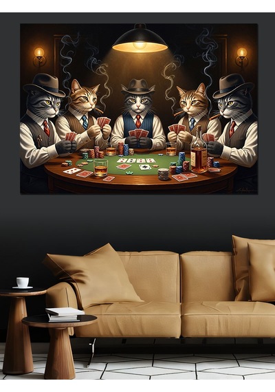 Ahşap Tablo Kumar Masasında Poker Oynayan Kediler Çiçek Resimli Tablolar