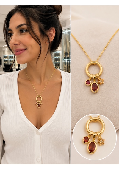 Kırmızı Kristal Charm Kolye Gold