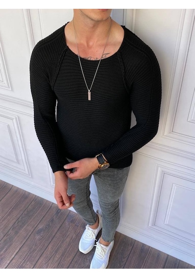 Modefendi Slim Fit Çelik Örme Açık Yaka Kazak Siyah