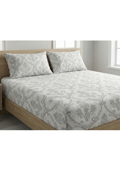 Maki Home %100 Pamuklu Çiçek Baskılı 180x200+2 50x70 Battal Boy Lastikli Çarşaf Ve Yastık Kılıfı Beyaz - Gri