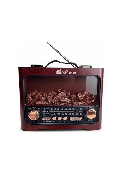 Fp-821 Nostaljik Radyo Şömine Görünümlü Led Işık Fenerli Bluetooth,hafıza Kartı,usb Bellek,aux Ve Radyo Destekli Hoparlör Kızıl Ahşap