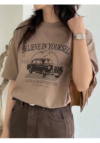 Flood Of Style Kadın Açık Kahve Belıeve Baskılı Bisiklet Yaka Tshirt Lacivert