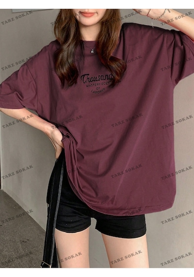 Flood Of Style Unisex Bay Kadın Düşük Omuz Fit Sloganlı Baskılı T-shirt Kod-1386 Bordo