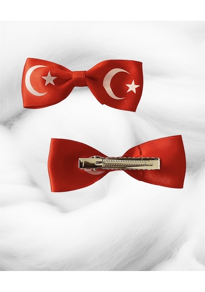23 Nisan Bayrak Kırmızı Beyaz Klipsli Kurdele Saç Tokası 1 Adet Kırmızı
