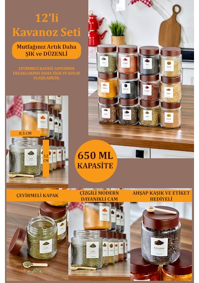 12'li Çizgili Kalın Cam Kavanoz Baharatlık Bakliyat Saklama Kavanozu Seti 650 Ml Şeffaf