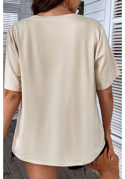 Unisex Fine Baskılı Kısa Kol T-shirt Bej