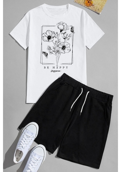 Uyguntarz Unisex Be Happy Baskılı Şort Takım Beyaz