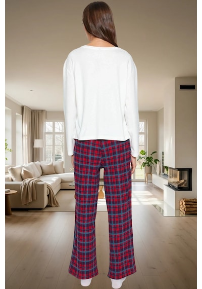 Ersefa Rahat %100 Pamuklu Ekoseli Pijama Takımı Boru Paça Kaşkorse Dokum Beyaz