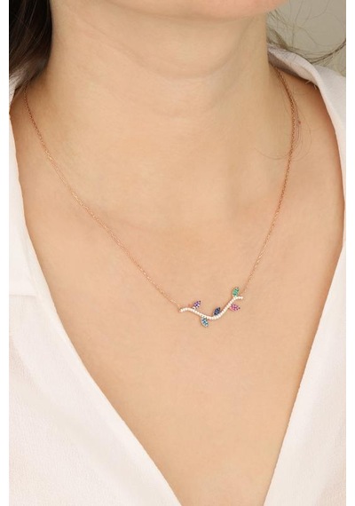 Renkli Taşlı Gümüş Ağaç Dalı Kolye Rose Gold