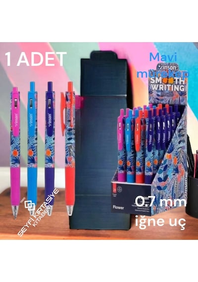 Desenli Basmalı Mavi Renk Jel Mürekkepli Tükenmez Kalem 1 Adet Flower