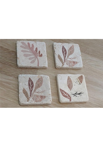 Pembe Desenli Yapraklar Doğal Taş Bardak Altlığı 4'lü Set - Natural Stone Coasters - Taş Bej
