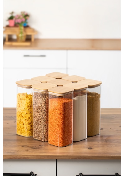 Porsima 7-3 Bambu Vakumlu Kapaklı Kare Borsilikat Cam 9lu Kavanoz Seti Saklama Kabı 1900ml 9,5x27cm Ahşap - Beyaz
